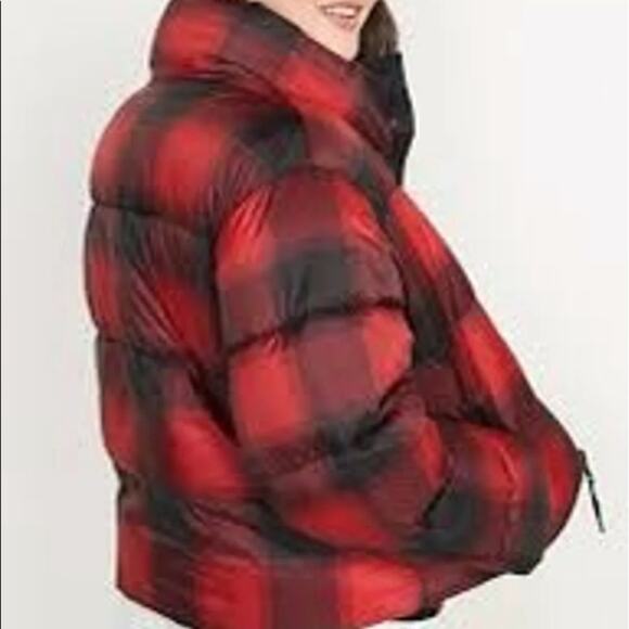 Old Navy Red Plaid Water Resistant Frost Free Short Puffer - Picture 3 of 9